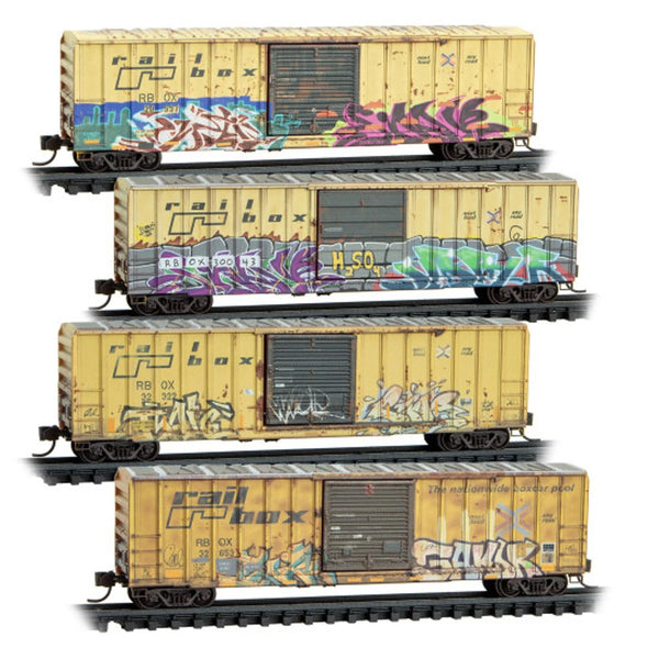 Micro Trains N Scale 98305099 Railbox 50' Rib Side Boxcar 4-Pack Weathered NIB