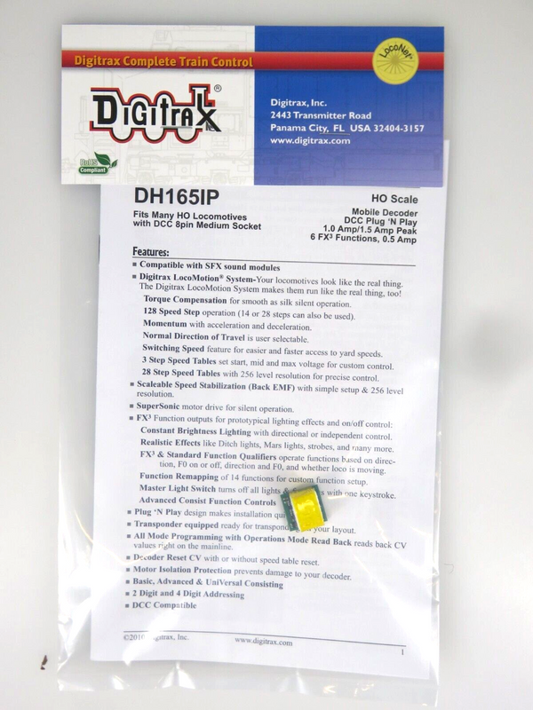 Digitrax DH165IP 1.25 Amp HO Scale Mobile Decoder Kato EMD SD70MAC and Others