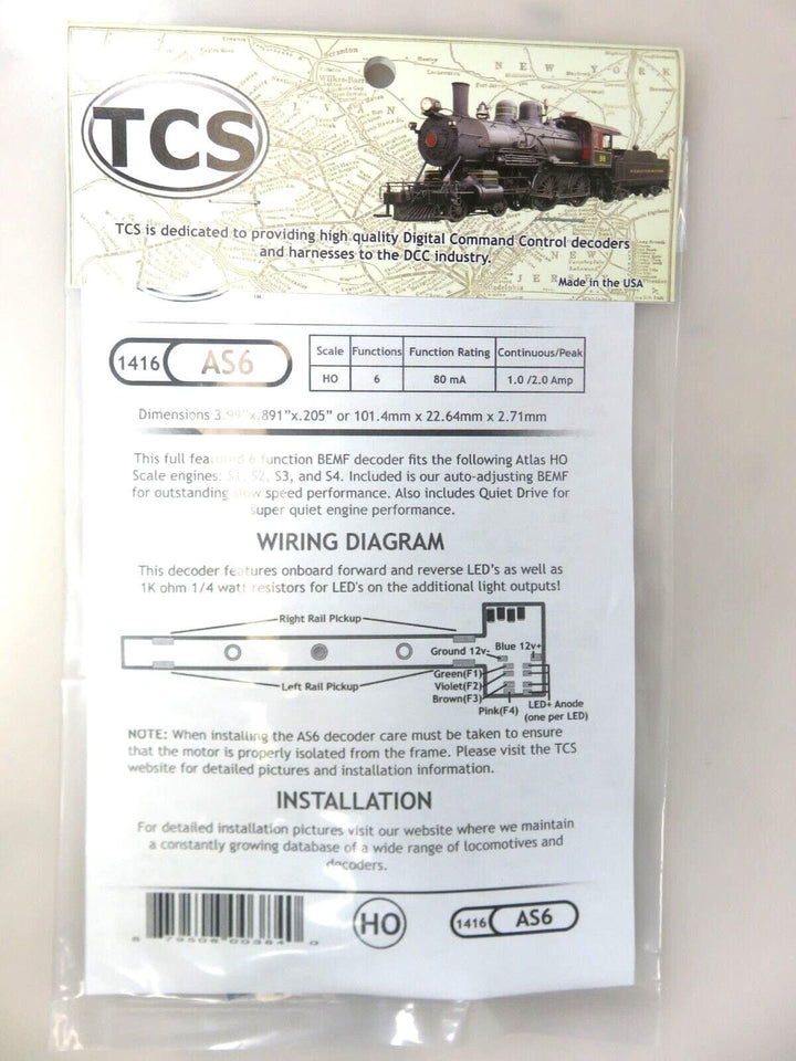 Train Control System TCS 1416 AS6 DCC Decoder HO Atlas S1,S2,S3,S4 Locomotives image 1