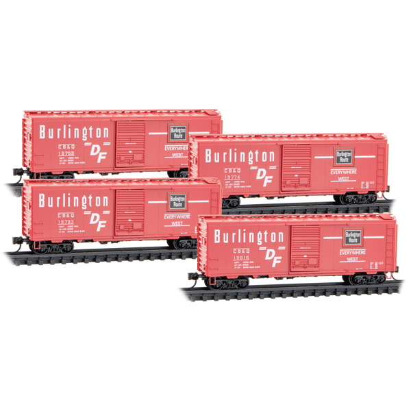 Micro Trains N Scale 98300240 CB&Q 40' Standrd Boxcar 4 Car Runner Pack NIB