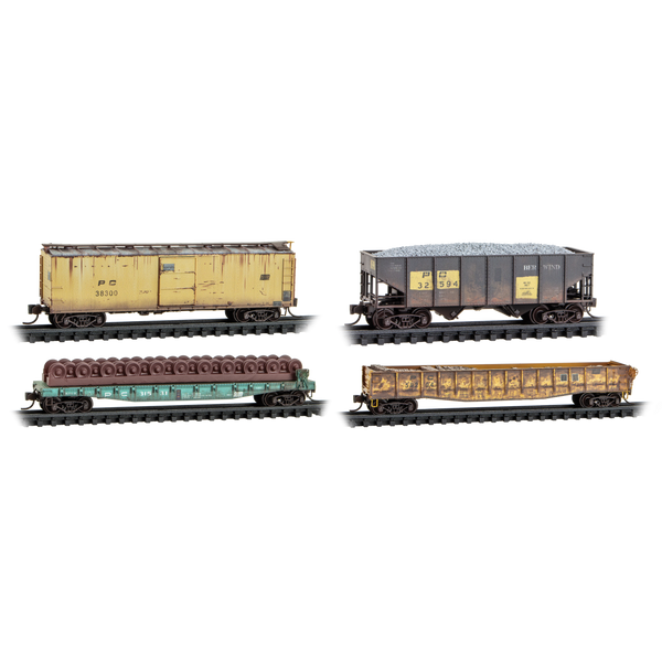 Micro Trains N Scale 98302283 Penn Central Maintenance of Way 4-Pack Weathered