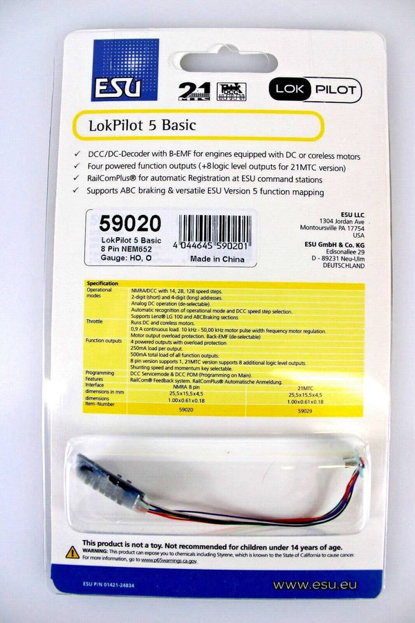ESU 59020 LokPilot 5 Basic DCC Decoder 8 Pin Connector and Harness HO Scale image 0