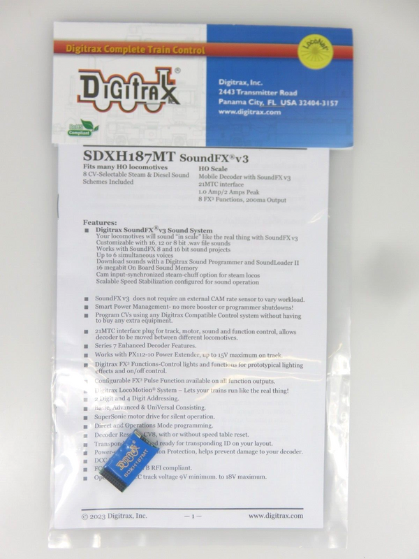 Digitrax SDXH187MT HO Scale Series 7 Sound Decoder 21pin 21MTC interface