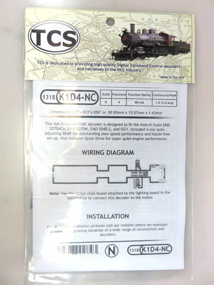 Train Control System TCS 1318 K1D4-NC N Scale Decoder Kato Athearn Locomotives image 1